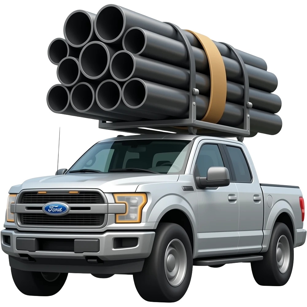 Ford Pick up truck with racking with a bundle of black pipe strapped on emoji