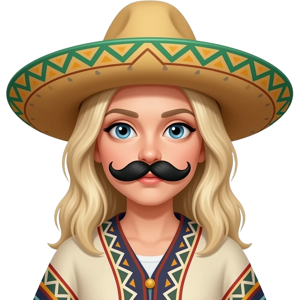 White lady, blonde hair, fake Black moustache and a Mexican hat and a poncho looking rough emoji