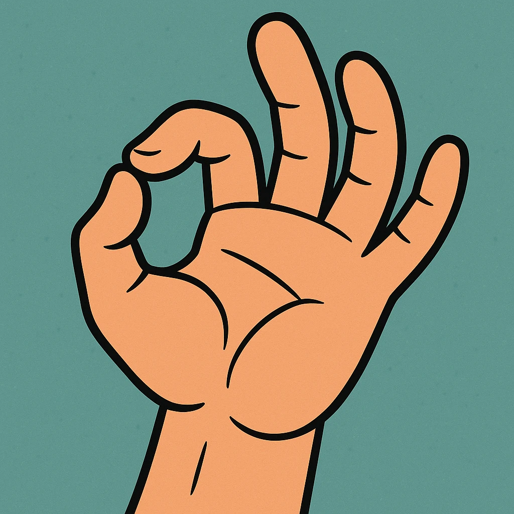 a cartoon style hand with the thumb and ring finger touching, vibrant colors, simple shapes emoji