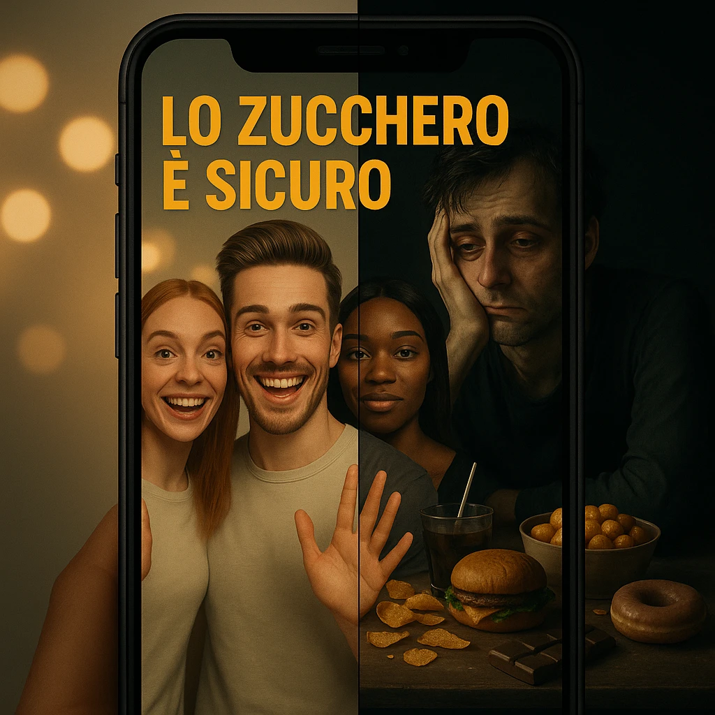 Create a symbolic split-screen scene on a smartphone screen. On one side, show smiling and confident influencers enthusiastically saying that sugar is harmless, with bright lights, filters, and vivid colors, including the Italian text 'LO ZUCCHERO È SICURO'. On the other side, depict a dark and shadowy reality: a tired and bloated person surrounded by junk food in a gloomy environment. Emphasize the contrast between misinformation and hidden truth with a cinematic style, dual lighting (bright vs. dark), and a tone of social critique. emoji