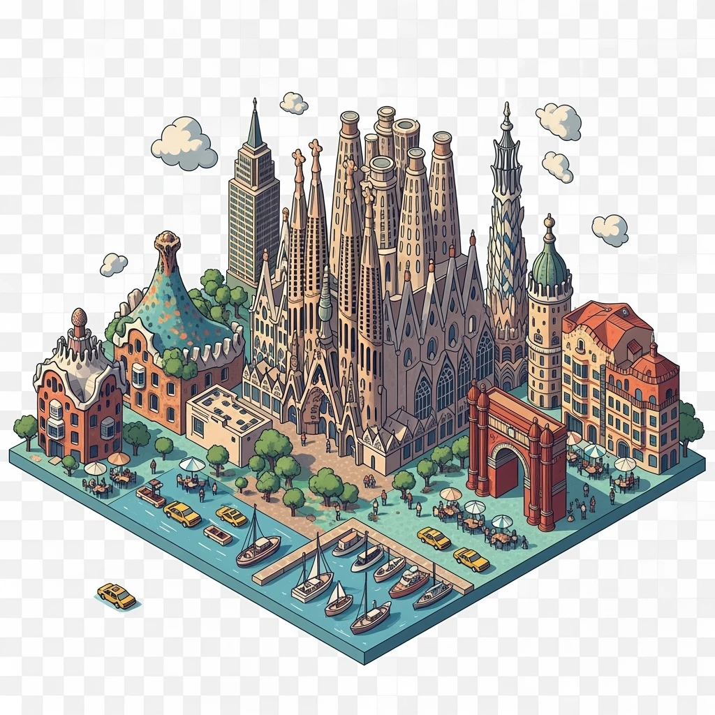 Isometric illustration of Barcelona, featuring Sagrada Familia with intricate spires, highly detailed in semi-realistic style with sharp outlines, balanced between stylized and realistic, 3D miniature effect, transparent background. emoji