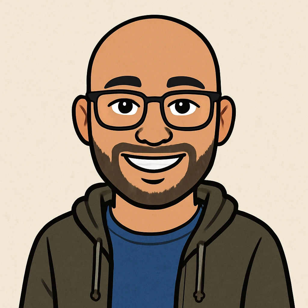 bitmoji style biracial male, bald, glasses, facial hair, casual outfit, smiling emoji