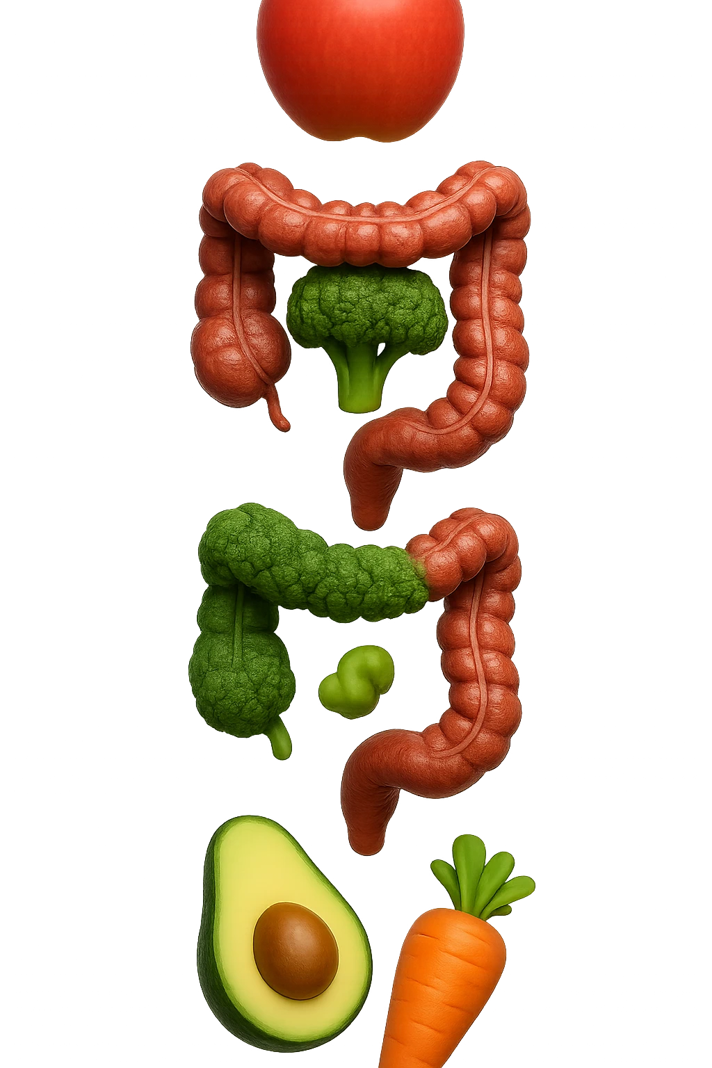 emoji stile iphone in 3d di cibo sano che fluttua in aria vericalmente insieme ùa pezzi di colon umano anatomico, iperrealistico 4k emoji