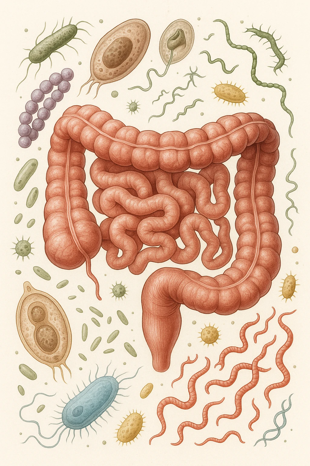 INTESTINO UMANO ANATOMICO CON BATTERI E PARASSITI INTORNO, SFONDO CHIARO NEUTRO emoji