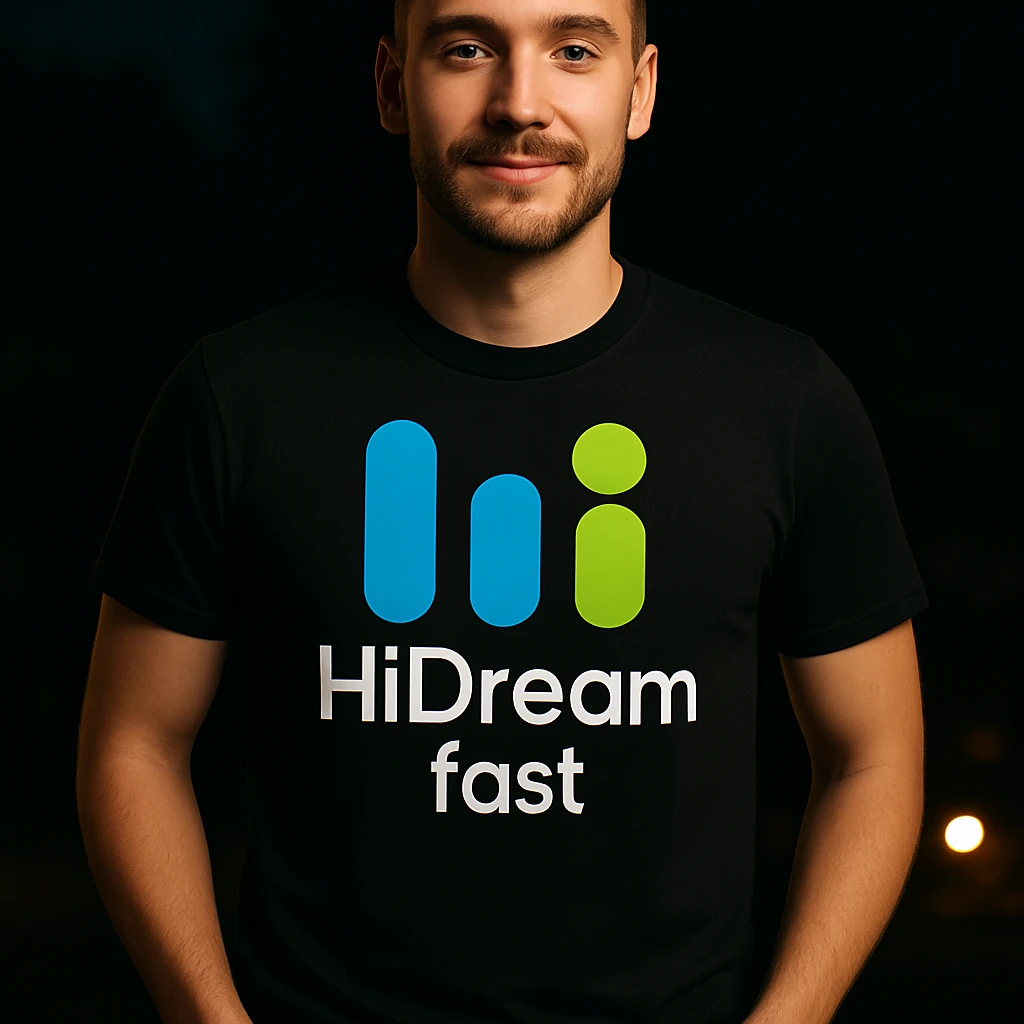 man wearing tshirt with this logo, dark night background with dim , add fast below logo, make man fit into image emoji