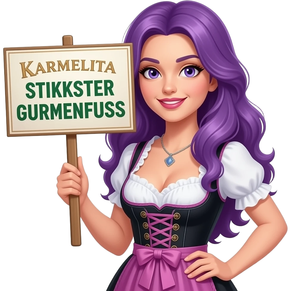 sexy girl with long purple hair wearing a dirndl holding a KARMELITA PRINZESSIN stinkender GURKENFUSS sign emoji