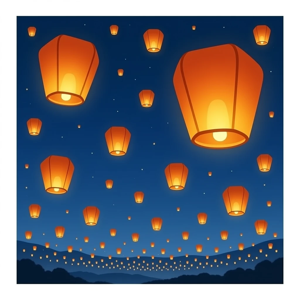 Golden-Orange-bronze-reddish Chinese lanterns flying in the sky as seen from afar emoji