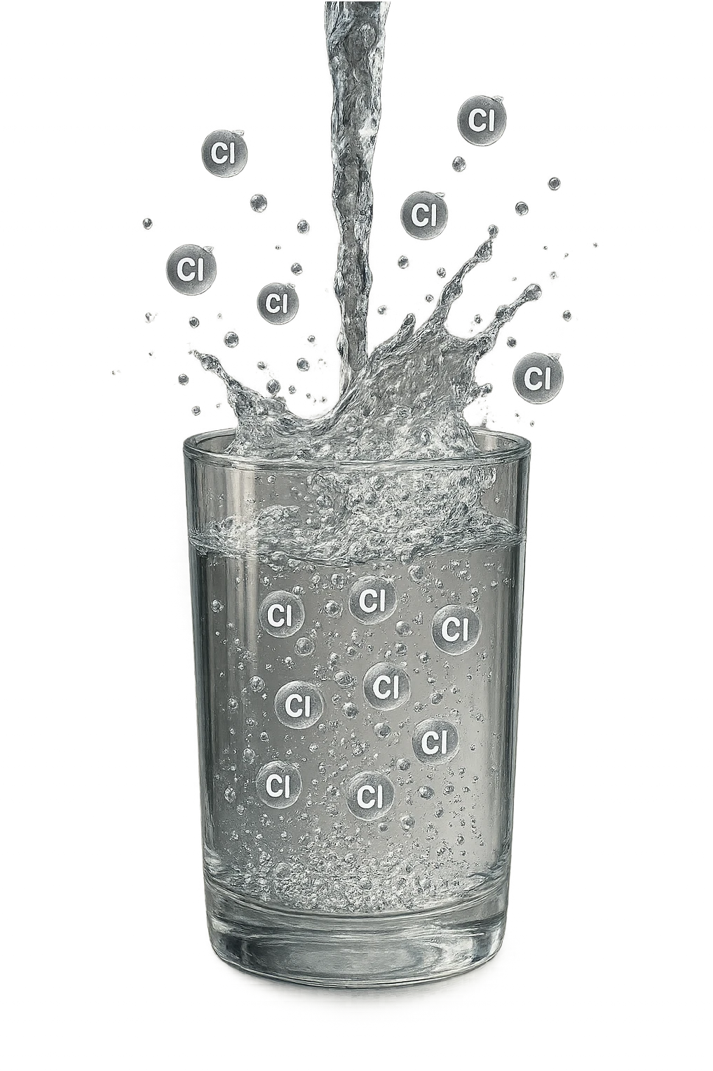 un bicchiere di acqua cade verticalmente dall'alto realistico e dettagliato, dentro l'acqua del bicchiere ci sono particelle di cloro ben visibili con la scritta "Cl" sopra, ci sono particelle anche che escono dal bicchiere e fluttuano in aria verticalmente, mentre alcune sono all'interno dell'acqua nel bicchiere, iperrealistico 4k emoji