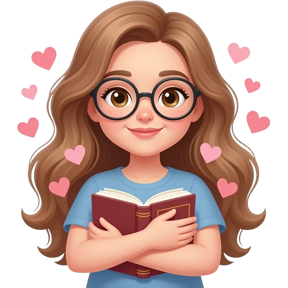 detailed emoji illustration of a curvy woman with long light brown wavy hair, light brown eyes and round glasses hugging a book with hearts around her, dreamy expression, book boyfriend vibe, cute emoji style emoji