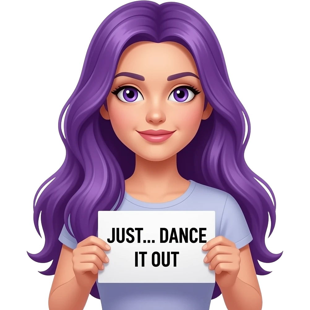 sexy girl with long purple hair and purple eyes holding a JUST... DANCE IT OUT sign emoji