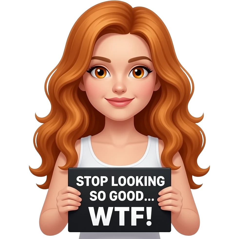 sexy girl with long wavy ginger hair and ginger eyes wearing a white tanktop is holding a black colored sign with STOP LOOKING SO GOOD... WTF! written on it emoji