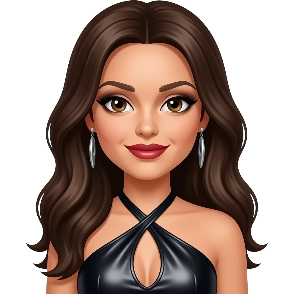 Melody Thornton from The Pussycat Dolls with light brown skin, dark brown eyes, long dark brown hair, black eyeshadow, dark red lipstick, black metallic halter dress, silver earrings emoji