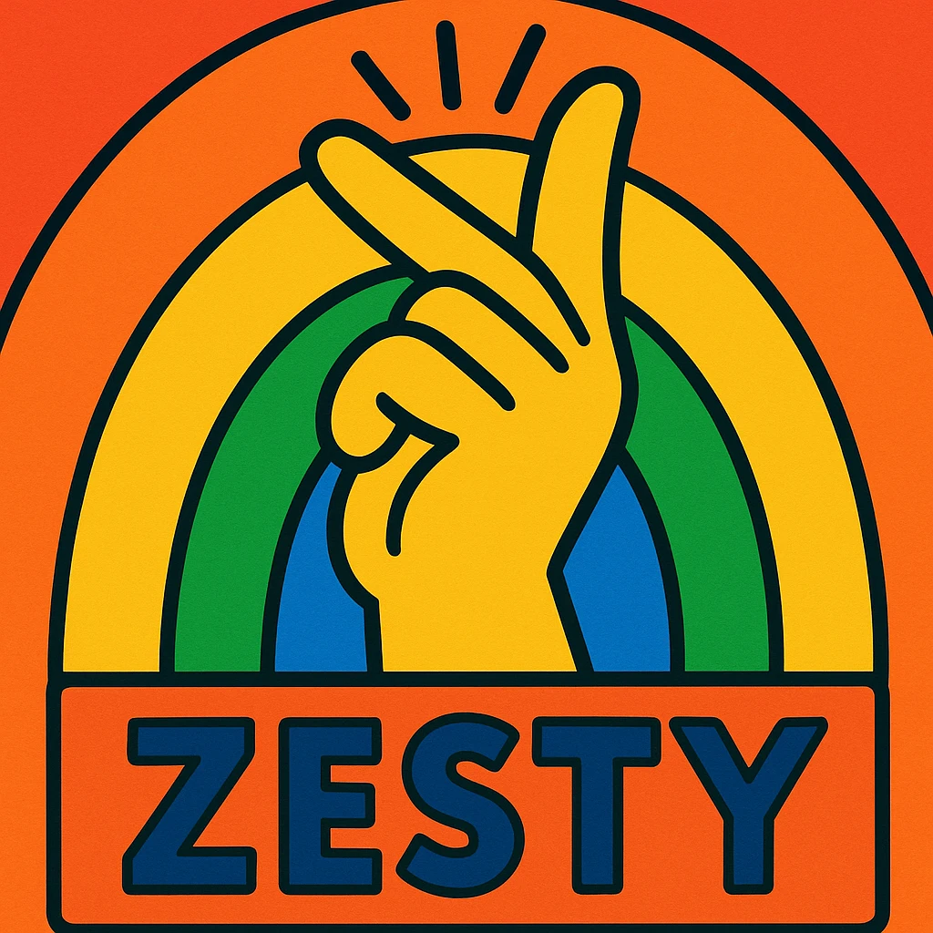 zesty hand gesture with rainbow background, cartoon style emoji