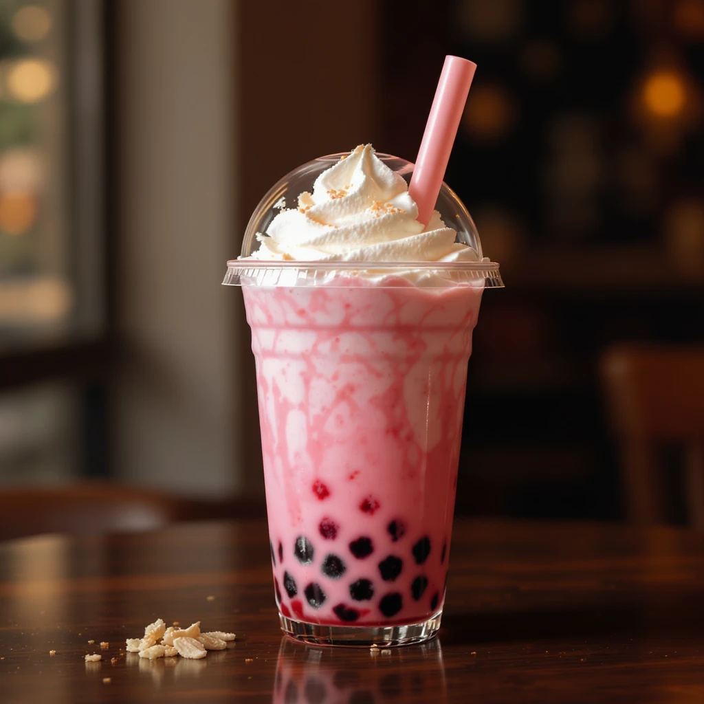 photorealistic elegant pink bubble tea with whipped cream on top, no background emoji