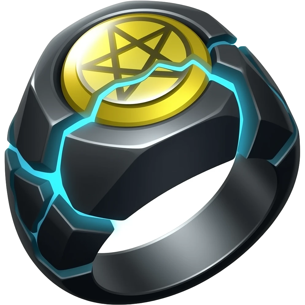 A obsidian ring with a BIG yellow gem, that has a pentacle carved into it, and a crack goin through it glowing light blue emoji