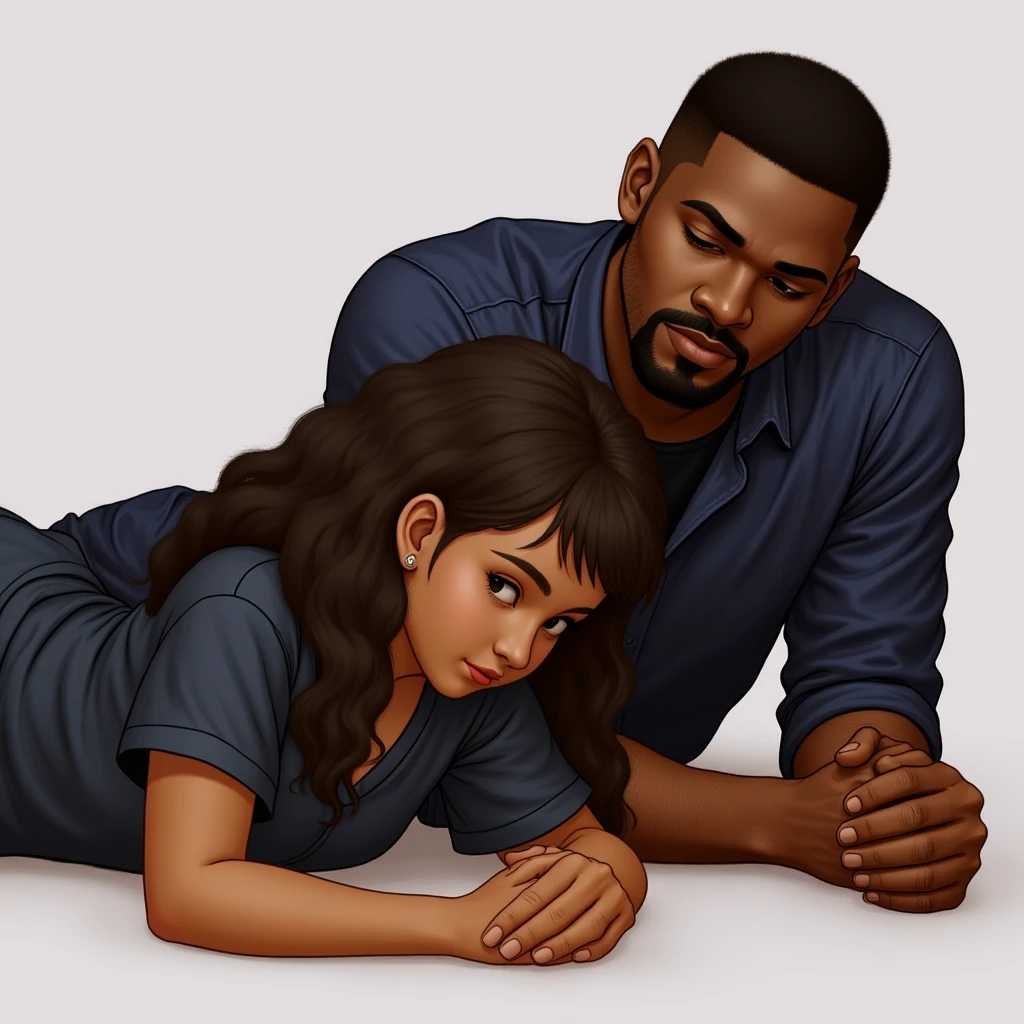 girl is on all fours on her stomach. a bigger and taller handsome black male is being used as a resting place for the girls bottom behind her. the girls body is folded with her behind in the air because of her lean. The male is pleasured and moves closer to the girl. They are on the floor emoji