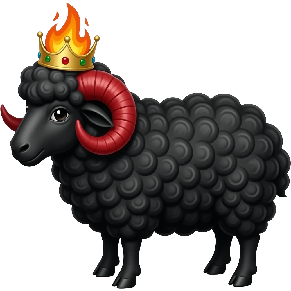 Black sheep with red horns and a crown with fire in between the crown emoji