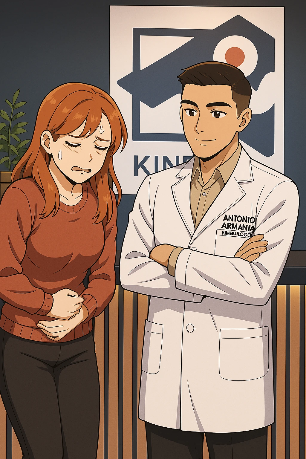 su questo stile fai un manga/webtoon a colori in cui una donna si lamenta che sta male e ha mal di pancia, l'uomo della foto in stile manga gli risponde, mantieni un ambiente simile alla foto che ho allegato con il suo logo (sarebbe il suo studio, lui è un kinesiologo), scrivigli "ANTONIO ANANIA" sul camice bianco, non mettere fumetti, ma fai in modo che sembri che la donna chiede una cosa e l'uomo risponde alla sua domanda emoji