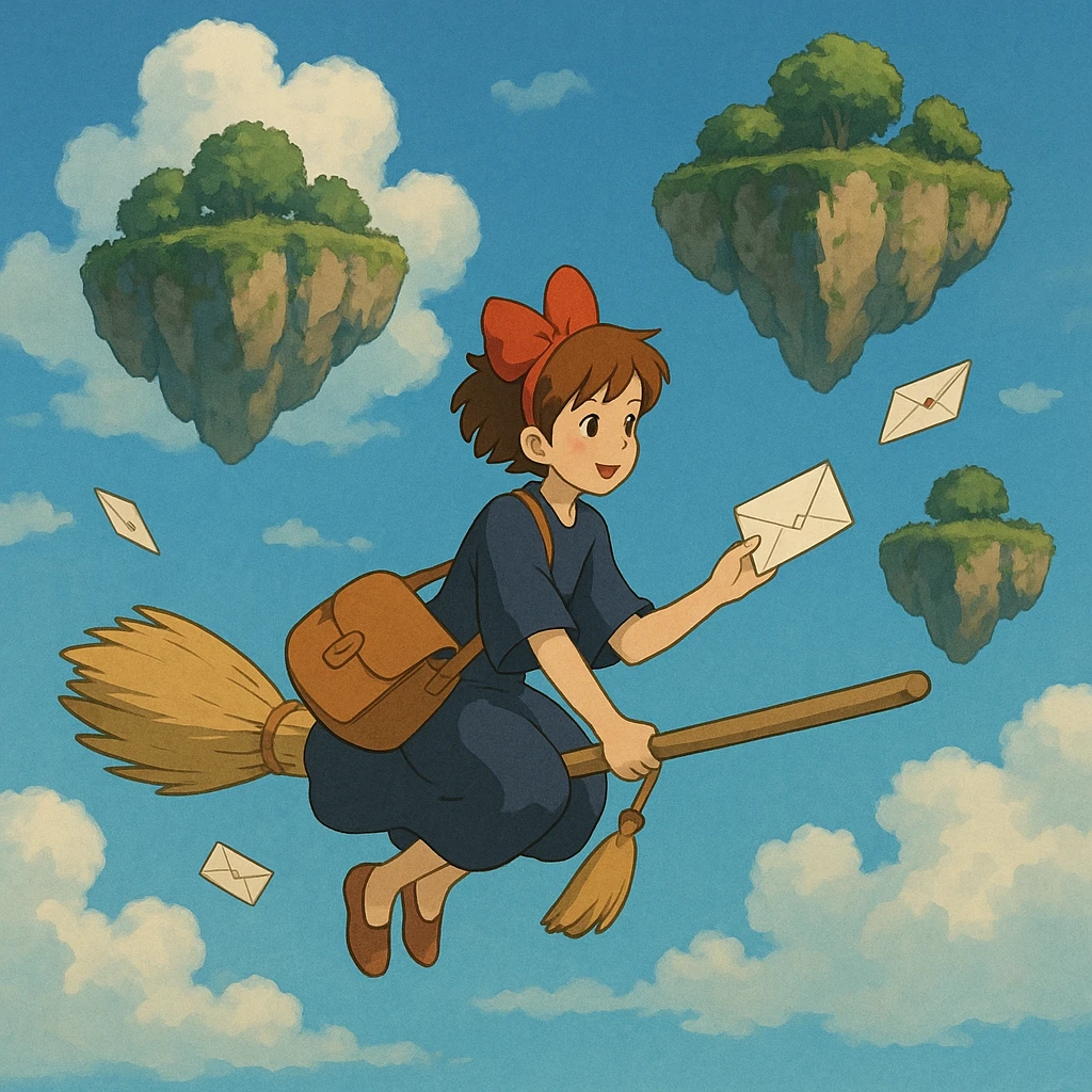 A mail carrier girl on a broomstick delivering letters to flying islands.

 emoji
