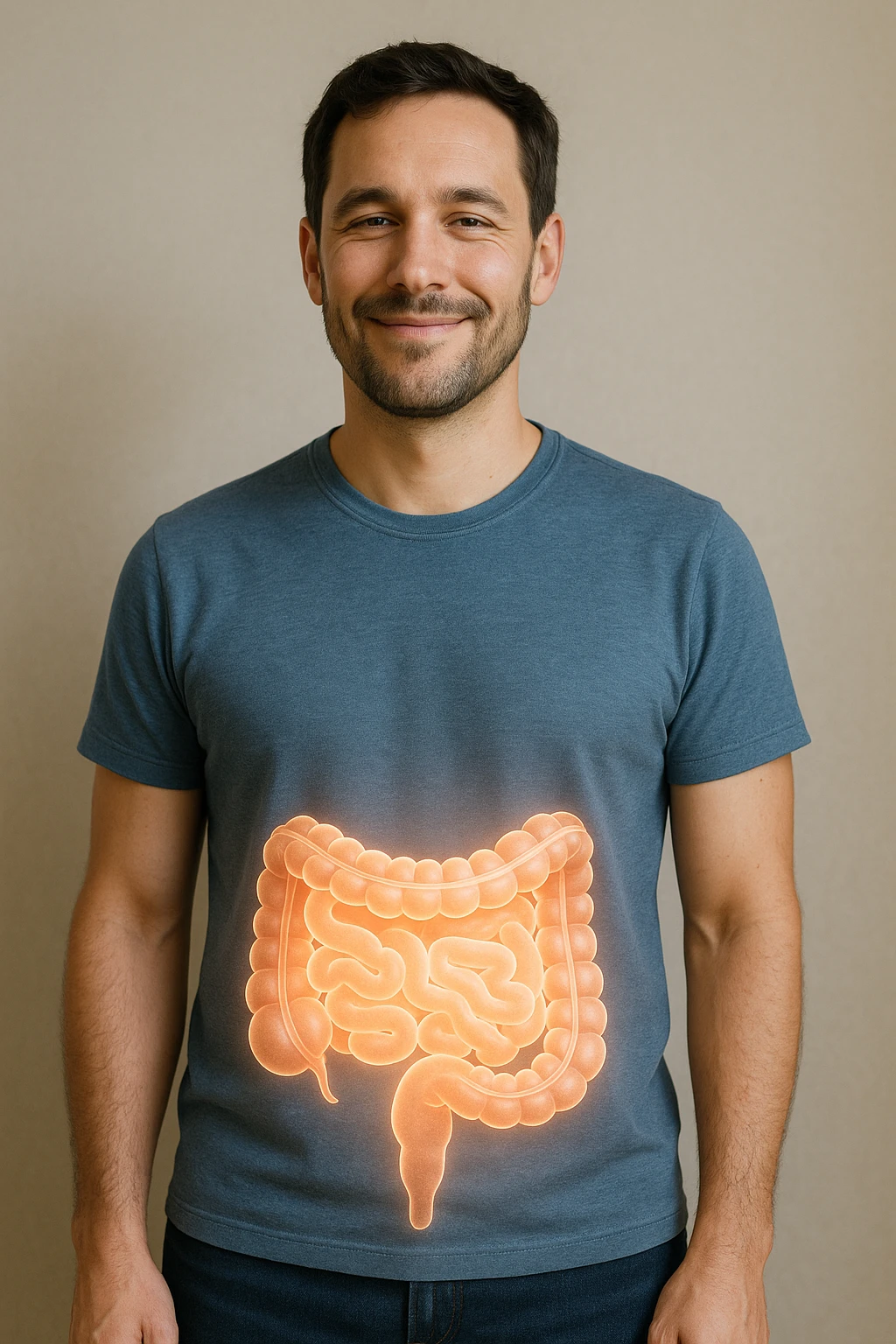 Intestino riequilibrato felice e in forma nel corpo di un uomo realistico emoji