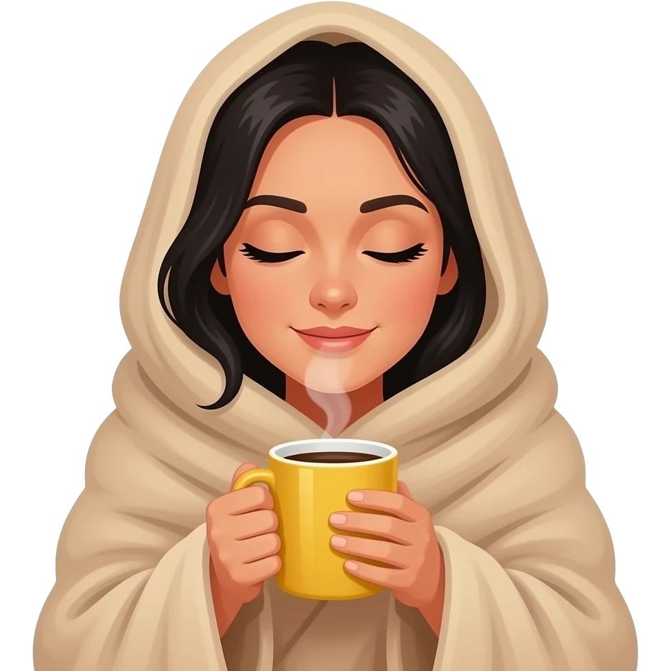 Iphone emoji style, a white woman with black hair, with a large beige blanket, drinking coffee in a yellow mug, cozy and peace emoji