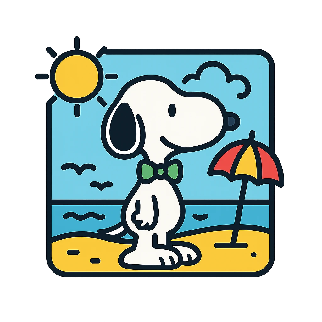 Snoopy, outlined and colorful, with a green bowtie, with a beach background emoji