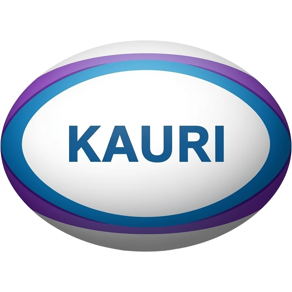 Balón de rugby de color azul celeste mezclado con morado vibrante con la palabra KAURI escrita en horizontal emoji