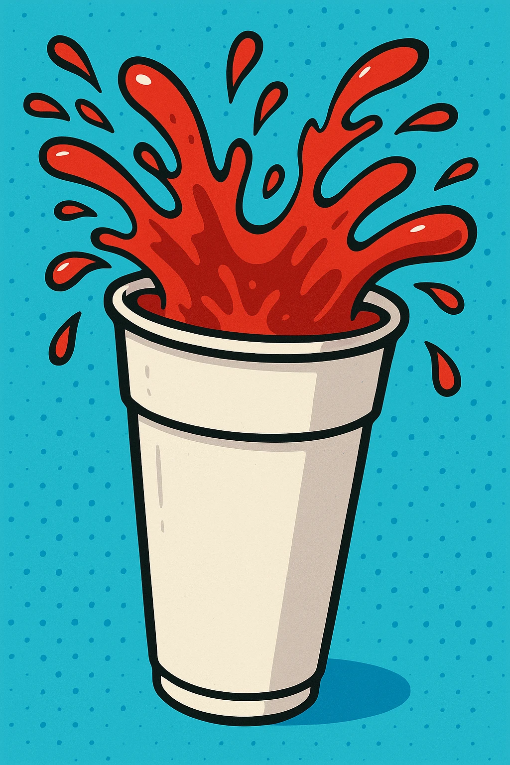a tall white Styrofoam cup with red gel splashing out, stylized illustration, bold colors, dynamic motion emoji