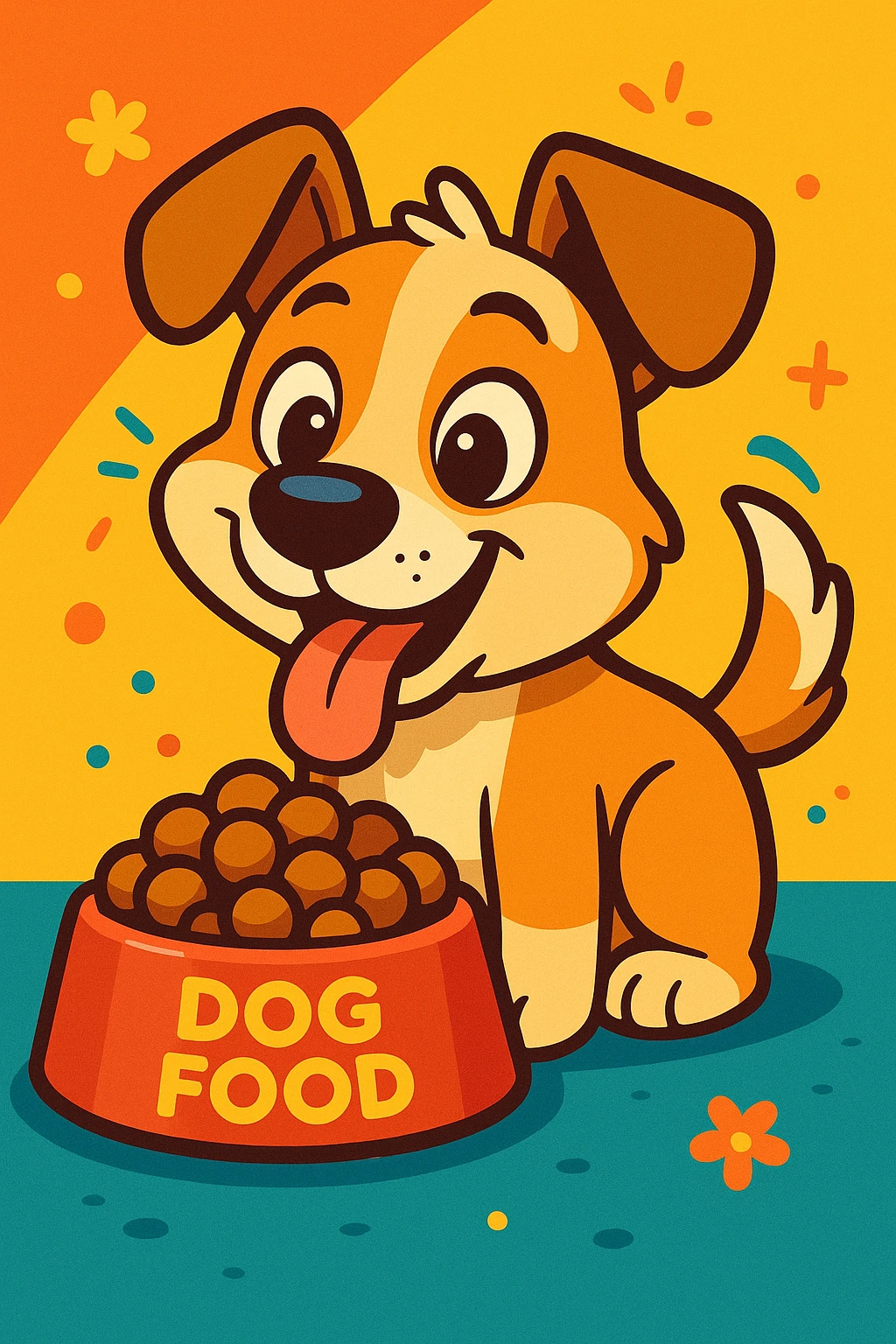 cute dog eating dog food, vibrant toon style, illustration, charming and playful emoji