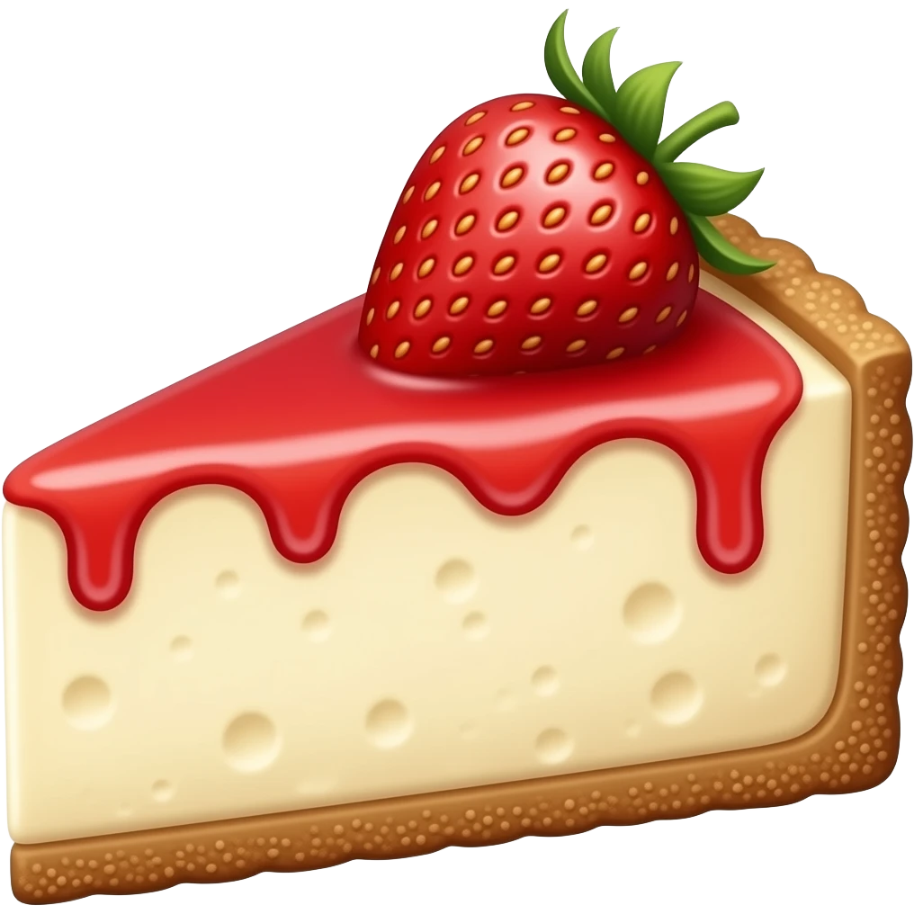 Cheese cake with gram cracker crust and a strawberry with strawberry purée drizzle emoji