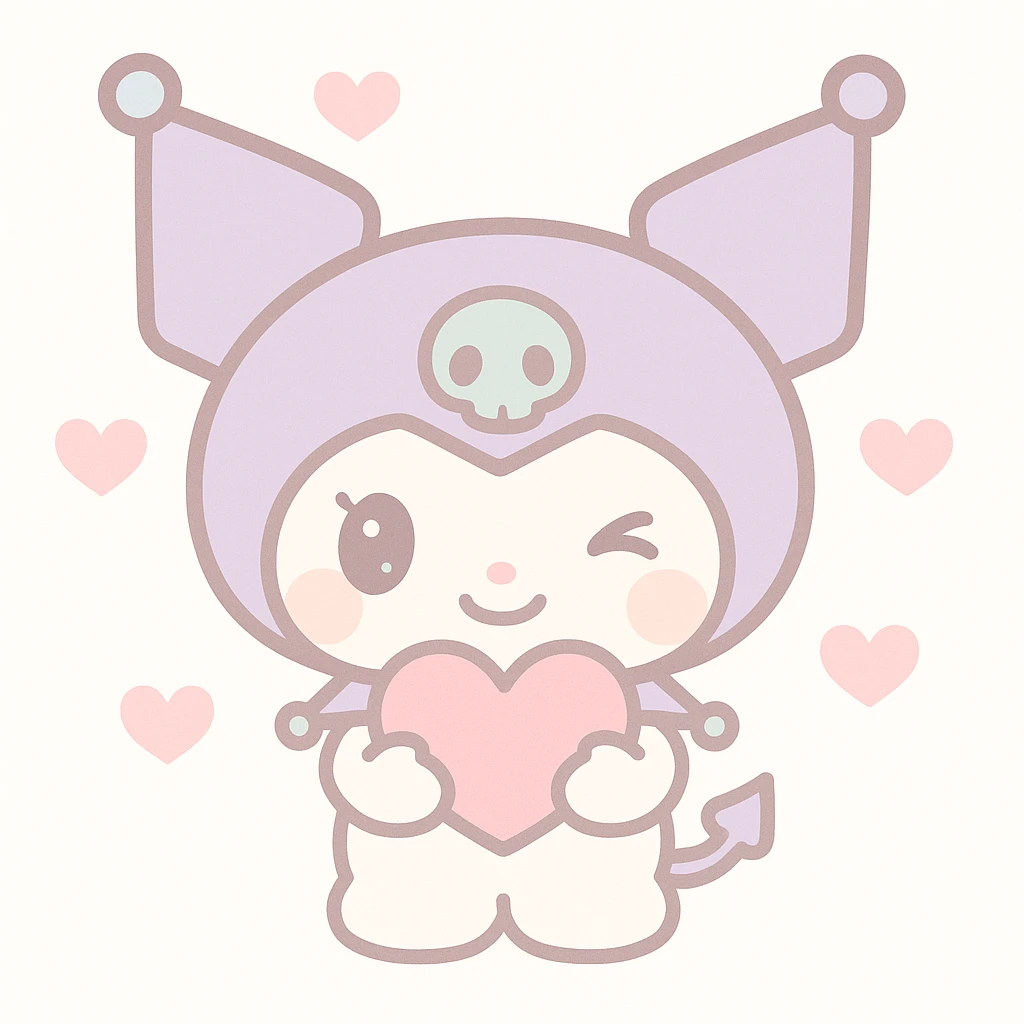 Kuromi character winking and presenting a heart, kawaii style, heart held with both hands emoji