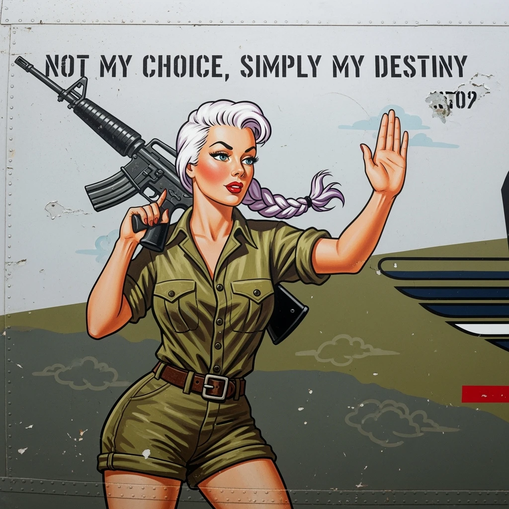 a retro military pinup fuselage decoration for the motto " not my choice, simply my destiny "
the female figure in the pinup image wears a single white braid with lavender tips, breaching, m16, "stop" handsignal emoji