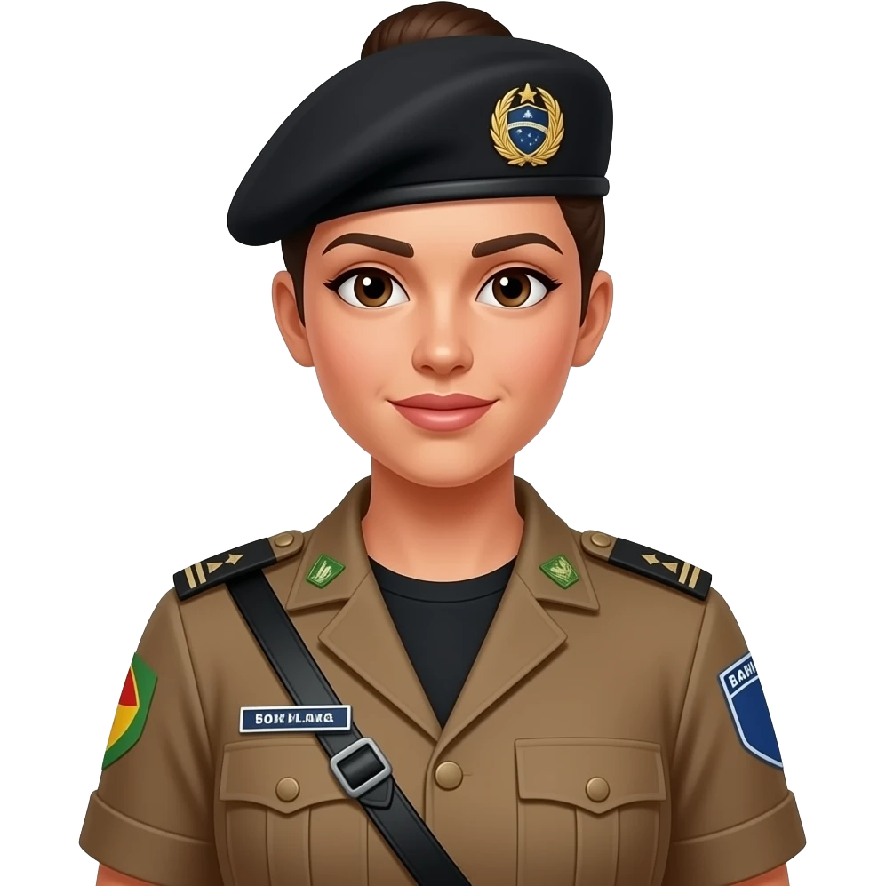 Sargento Gianne Policial militar da bahia feminina morena com cabelo amarrado no coque boina preta e farda marrom e camisa preta por dentro da farda sem enfeites na farda prestando continência emoji