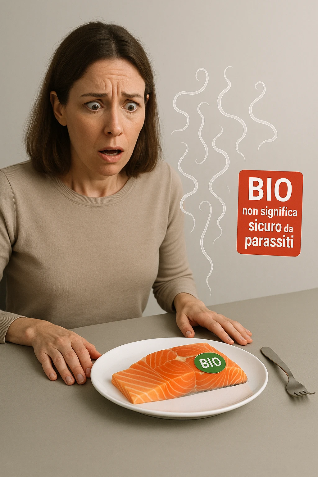 Donna tra i 30 e i 40 anni, seduta a tavola con espressione sorpresa e preoccupata mentre guarda un piatto elegante di salmone crudo etichettato 'BIO'. In trasparenza sopra il salmone si vedono parassiti intestinali stilizzati, come larve o vermi sottili, fluttuanti nell’aria. Accanto al piatto, una scritta fluttuante in stile etichetta rossa avverte: 'BIO non significa sicuro da parassiti'. Atmosfera visivamente pulita ma con tensione sottile, colori realistici con accento sul contrasto tra immagine 'salutare' e minaccia invisibile emoji