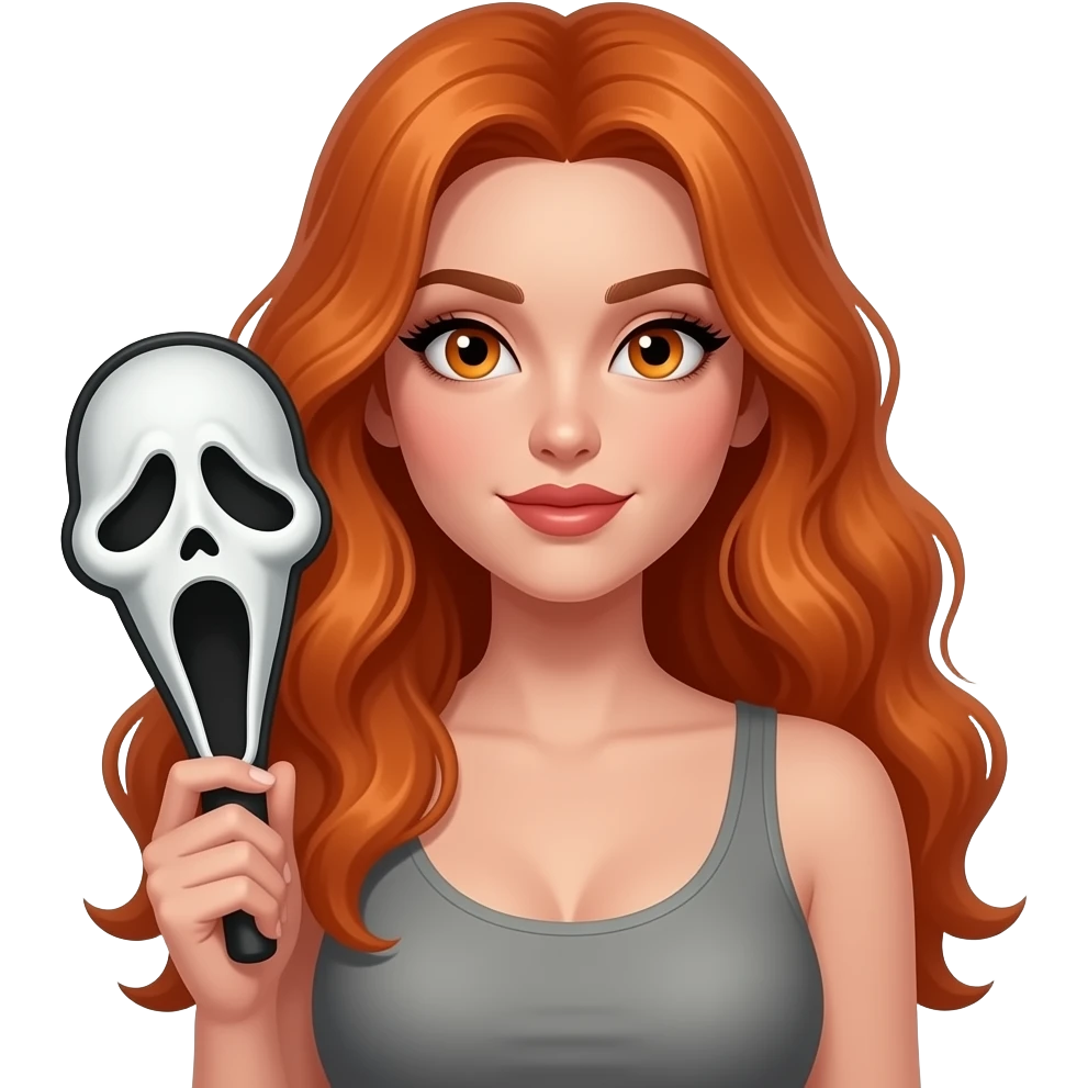 sexy girl with long wavy ginger hair and ginger eyes wearing a top is holding a GHOSTFACE is HOT sign emoji