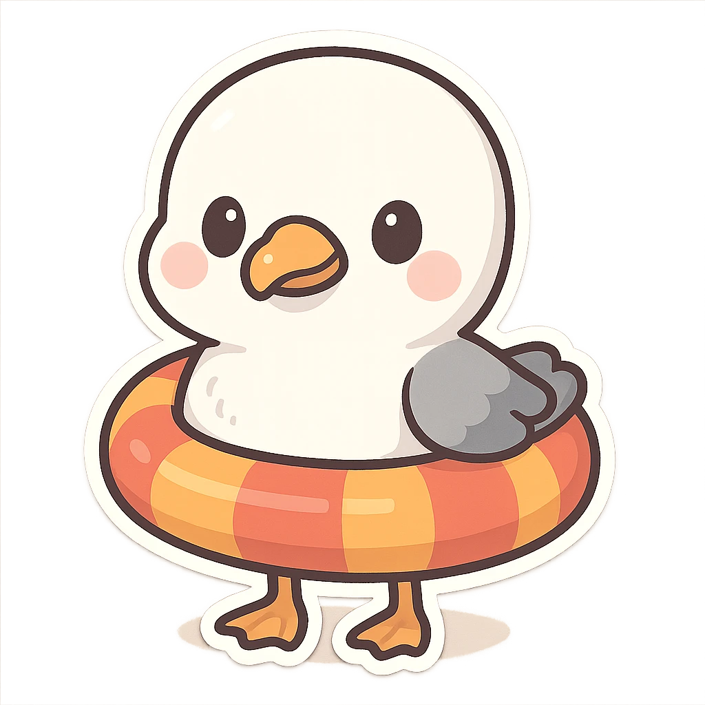 a cute seagull standing inside an inflatable pool float emoji