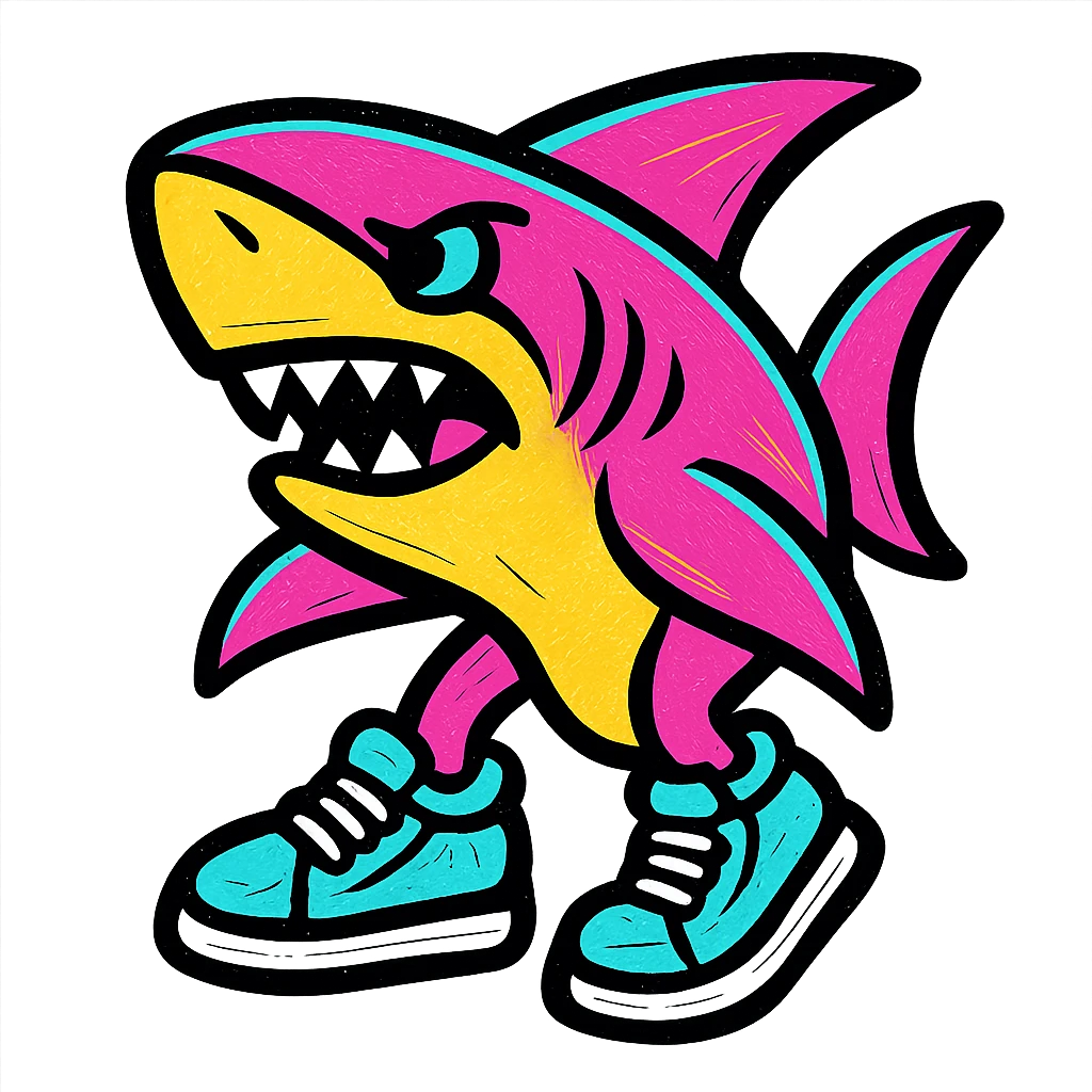 stylized shark with blue sneakers, bold graphic style, not chibi emoji
