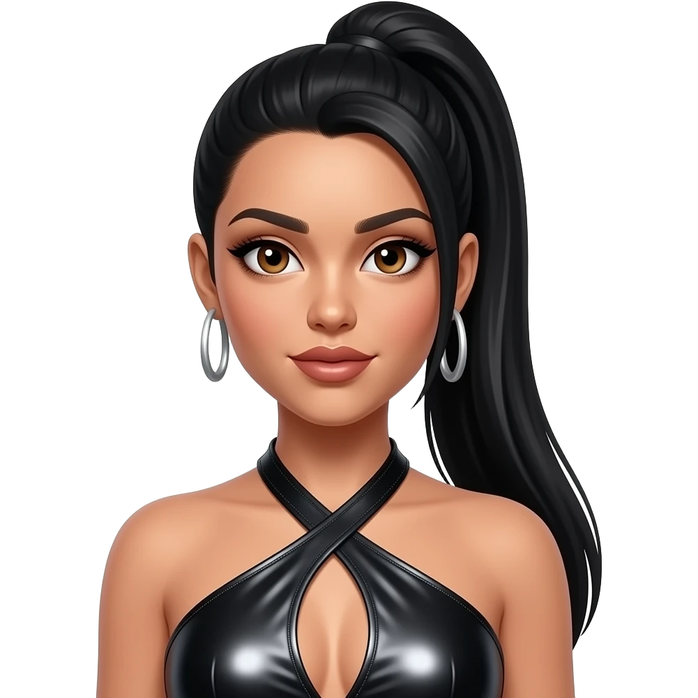 Kiely Williams from 3lw with hazel eyes, long straight black high ponytail hair, black metallic halter dress, silver earrings emoji