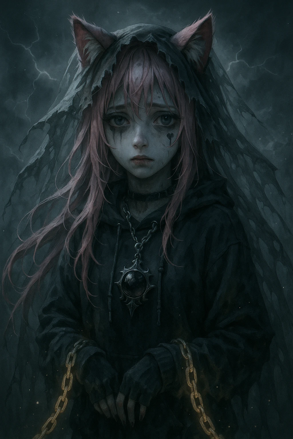 realistic anime catgirl with pink hair, emo streetwear, heart tattoo under left eye, dark magical accessory, sparkles, stormy background, ghostly horror look with torn veil, glowing chains, and a sorrowful expression emoji
