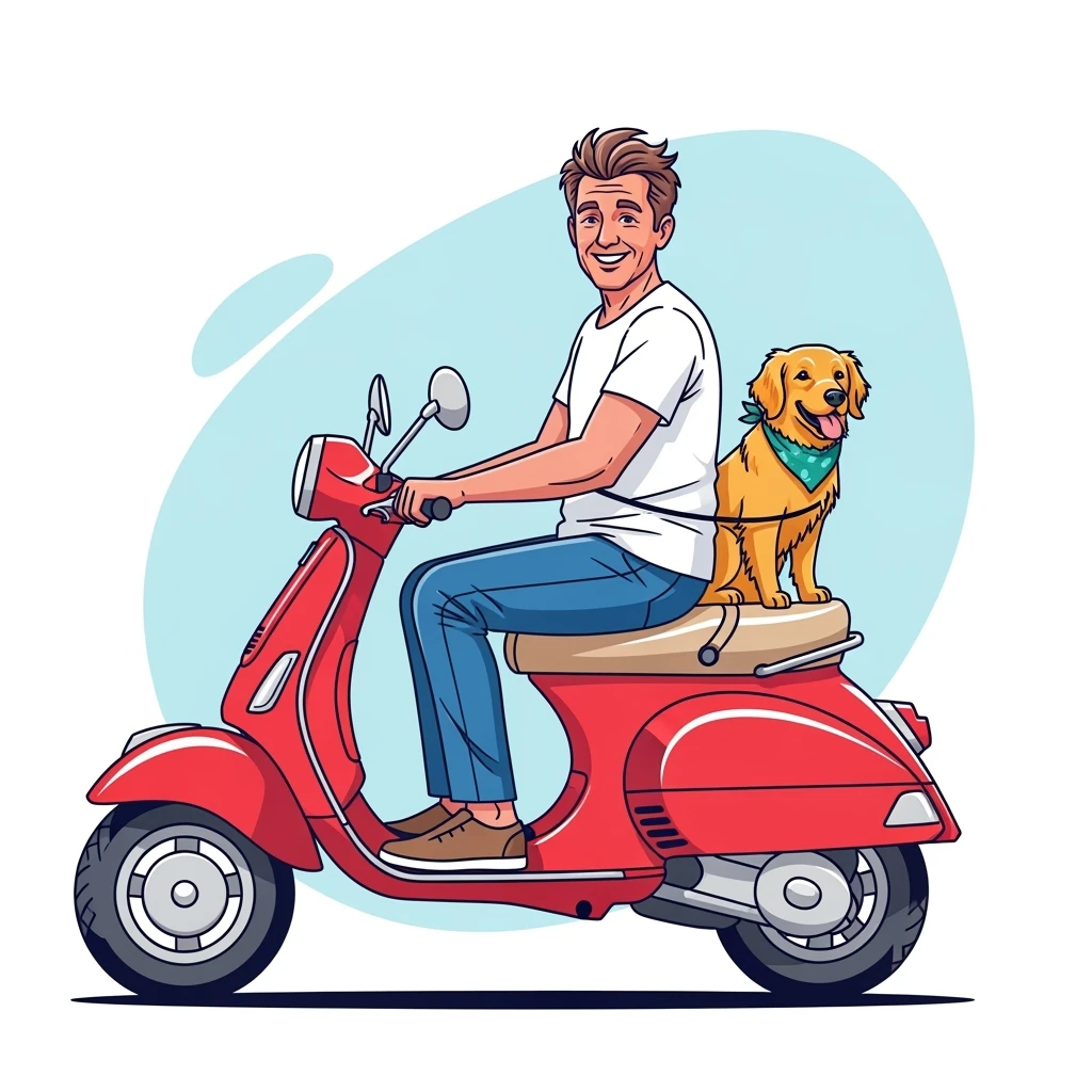 vector art of a man and his pet dog riding a vespa, for website design  emoji