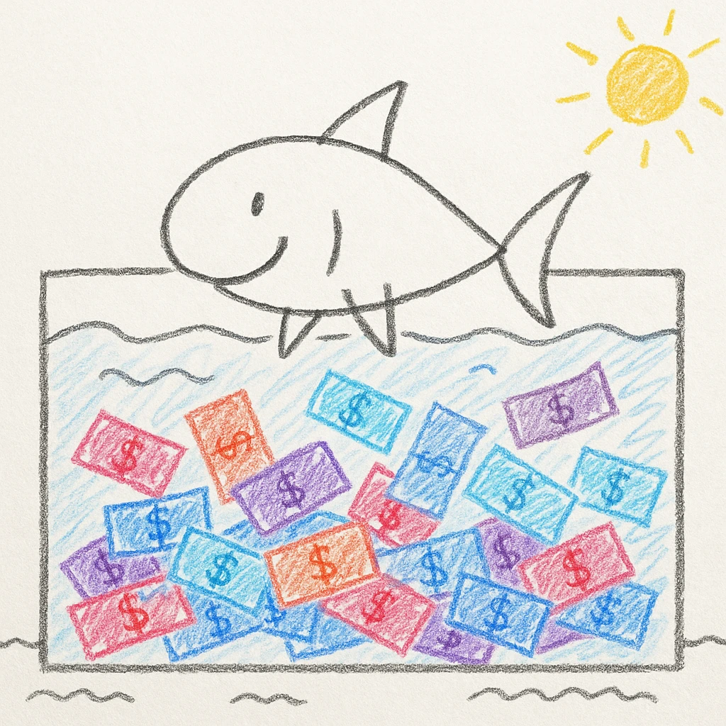 a playful cartoon of a literal shark swimming in a tank full of money, referencing the show Shark Tank, whimsical style, hand drawn children's illustration emoji