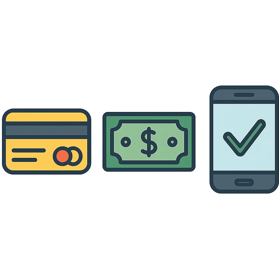flat toon style payment method icons: credit card, cash, phone emoji