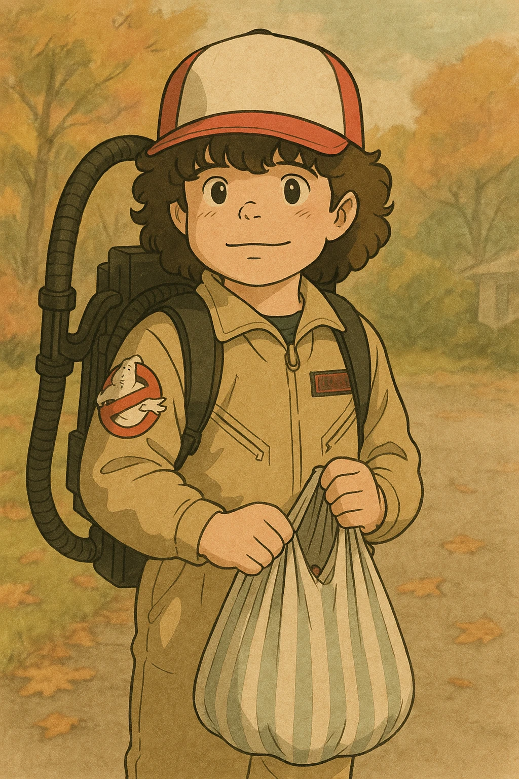 Dustin from Stranger Things dressed as a Ghostbuster for Halloween, in Ghibli style with delicate strokes, thick dark contours, pastel color tones, slightly aged texture, holding a bag of candy. emoji