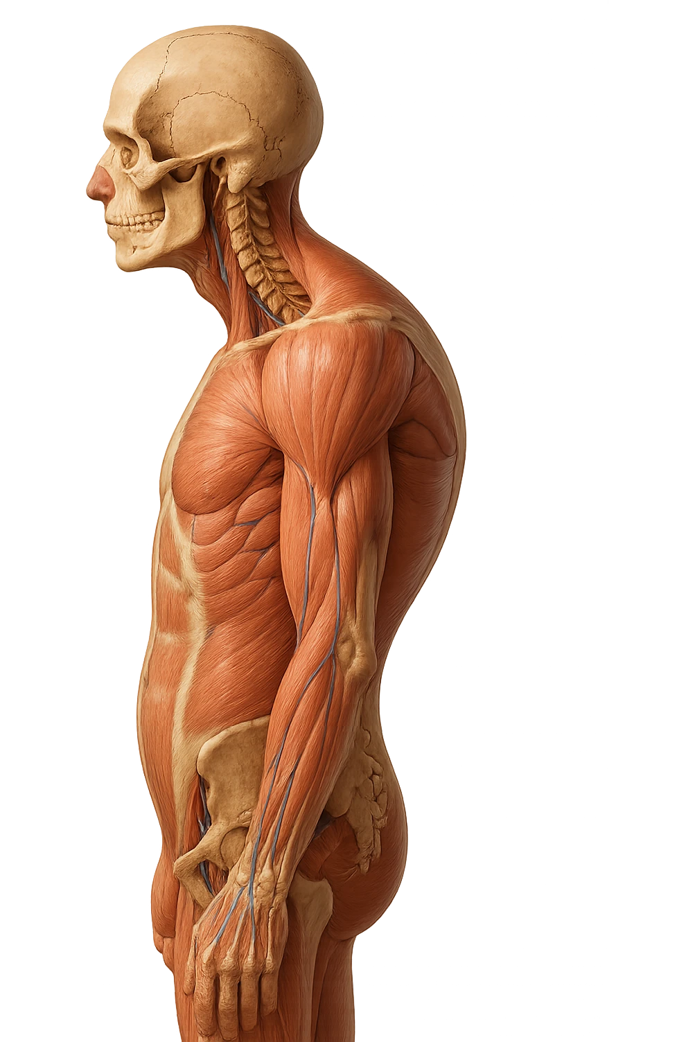 corpo UMANO ANATOMICO di profilo con spalle chiuse in avanti, postura errata, iperrealistico 4k emoji