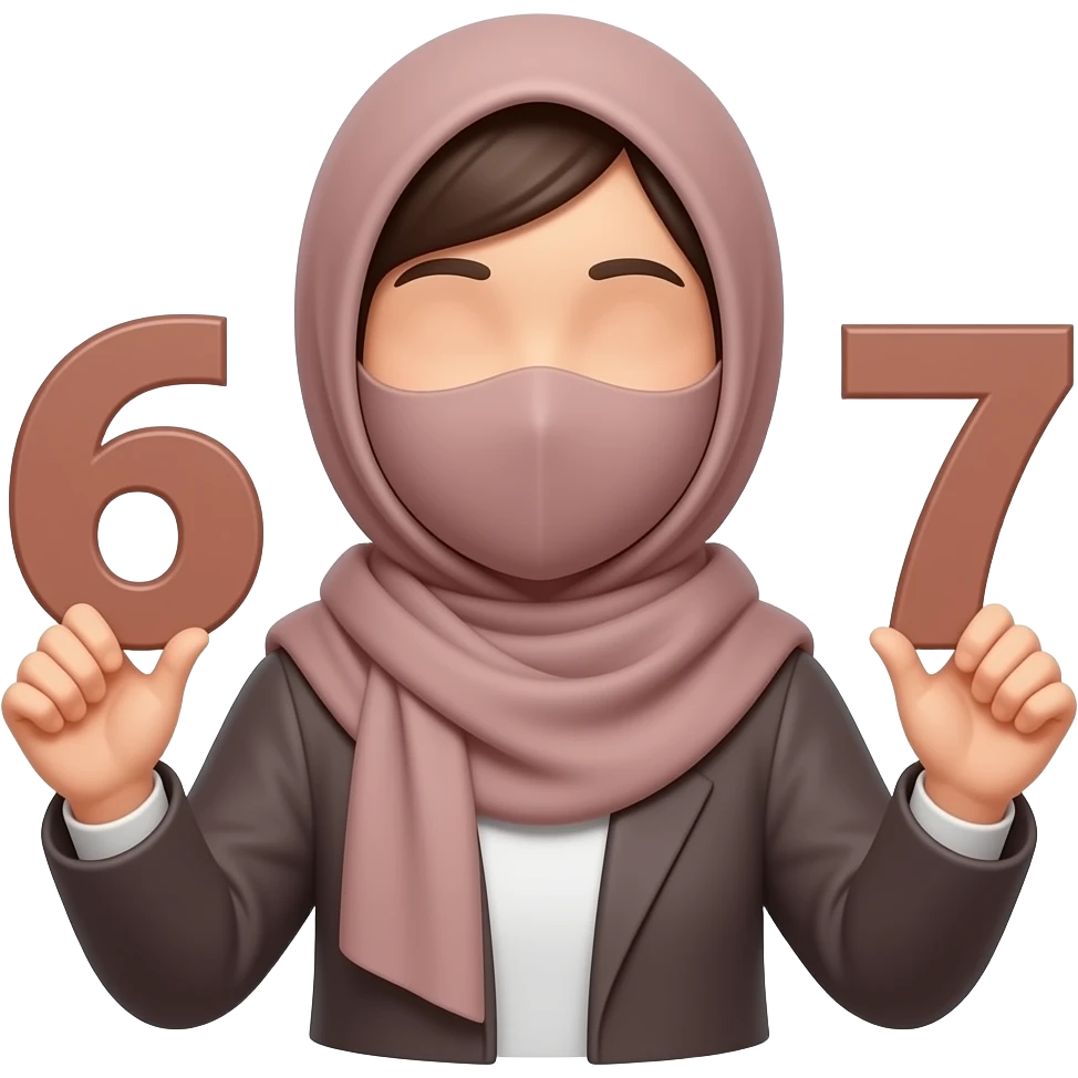 asian hijabi woman holding 6 in one hand and 7 in the other hand. no eyes emoji