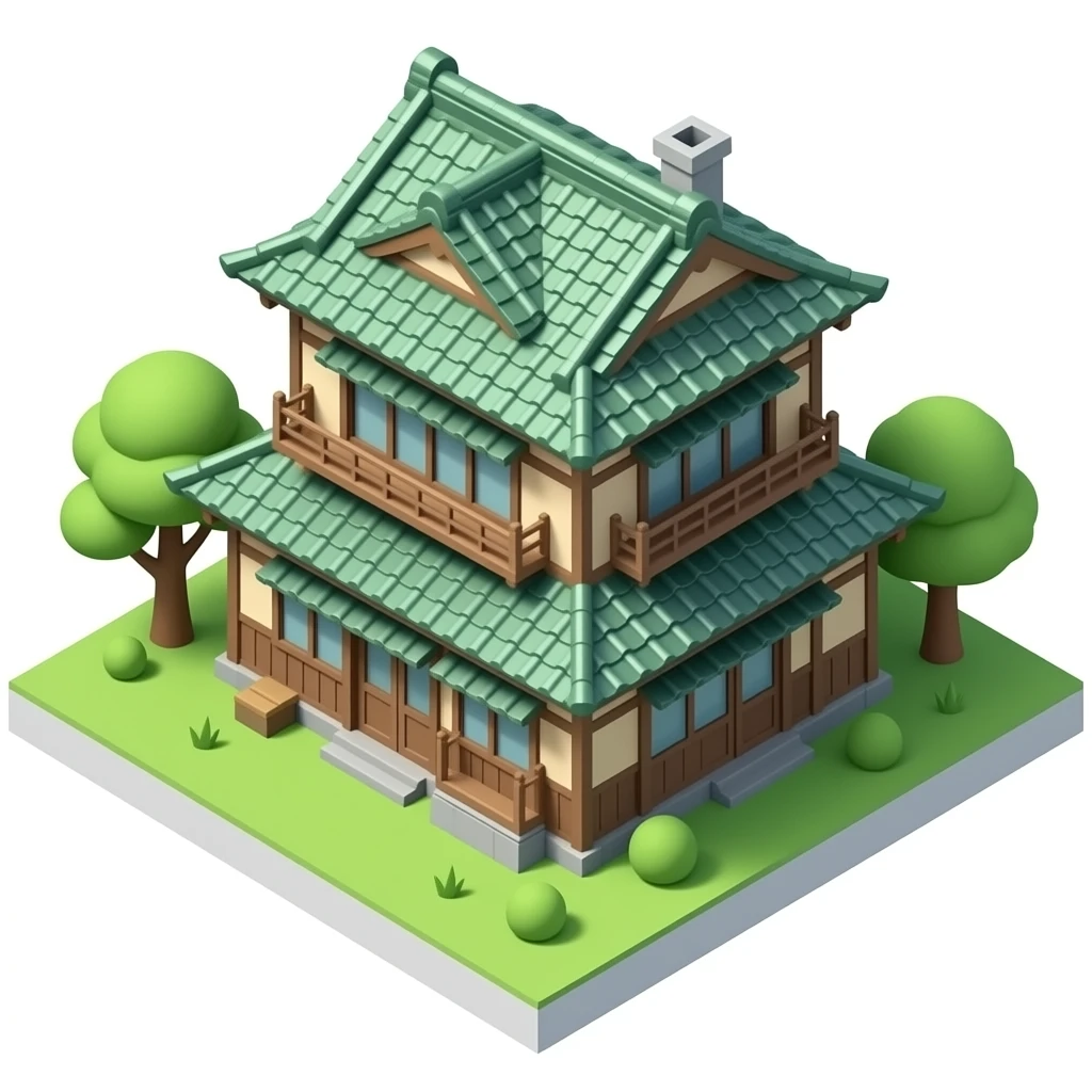 Japanese double floor house with green roof old style no background and no trees only house  3d emoji png emoji