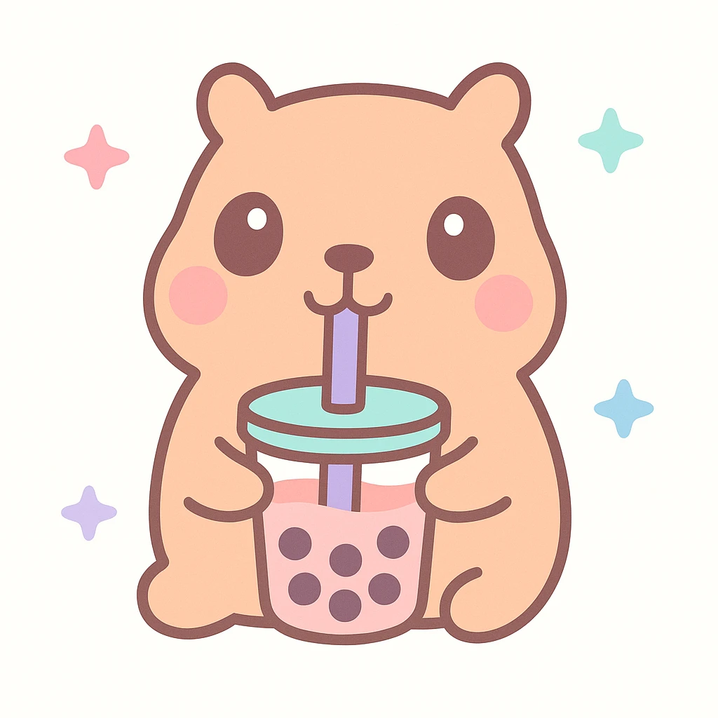 a fun and cute capybara drinking boba tea, playful and charming, adorable and friendly, with a straw and tapioca pearls visible emoji