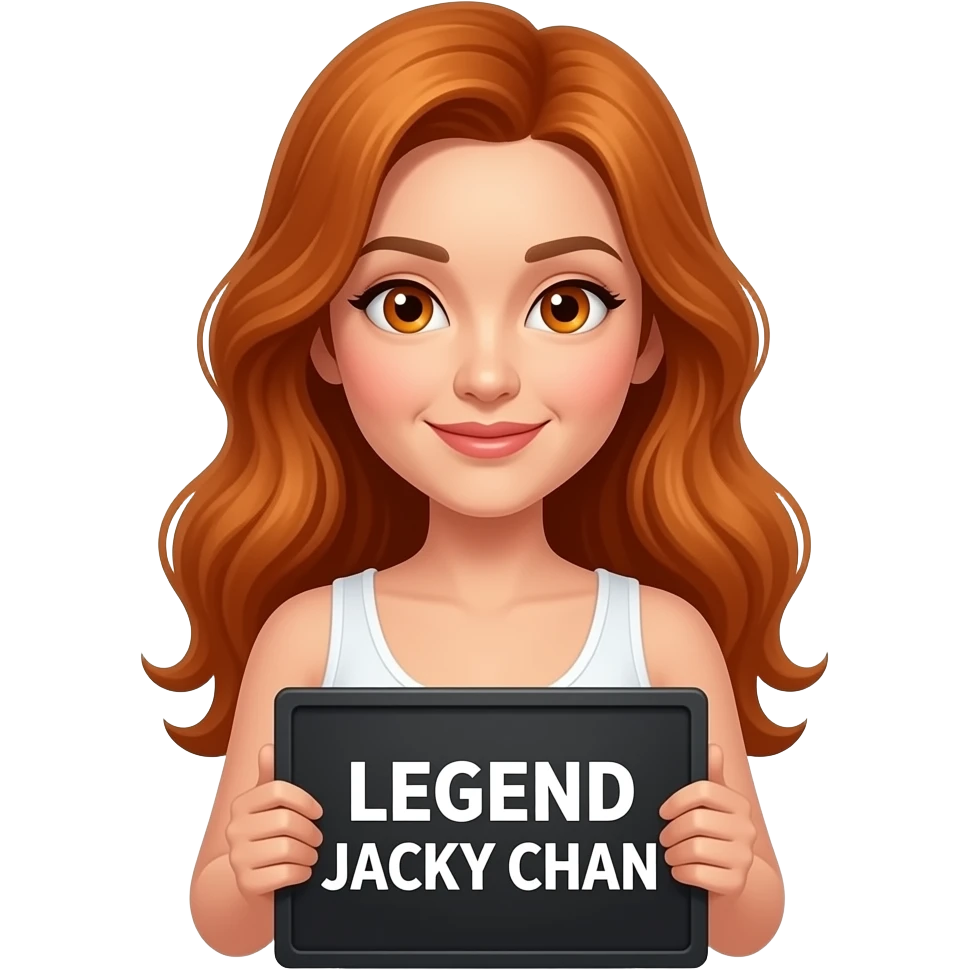 sexy girl with long wavy ginger hair and ginger eyes wearing a white tanktop is holding a black colored sign with LEGEND JACKY CHAN written on it emoji