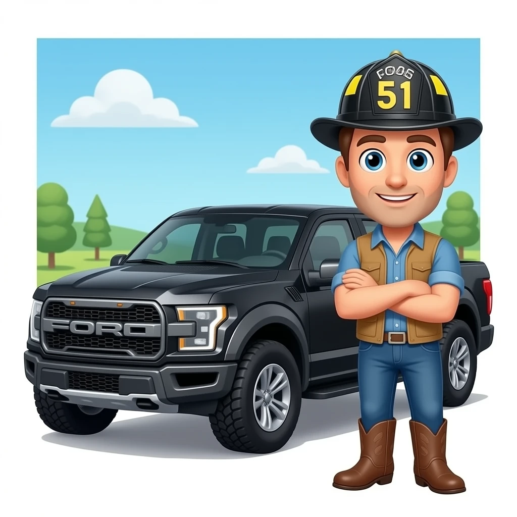 Cartoon emoji-style man in jeans, cowboy boots, and a firefighter helmet standing next to a black Ford Bronco in a garage emoji