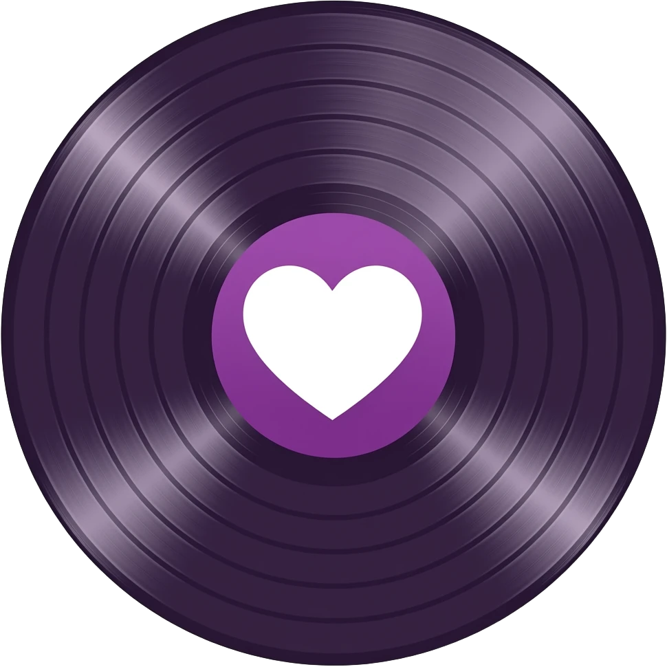 record album lighter purple surface, with purple center with white heart. vintage emoji